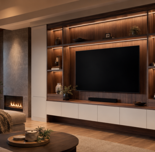 Custom built-in entertainment center and media storage