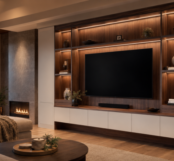 Custom built-in entertainment center and media storage