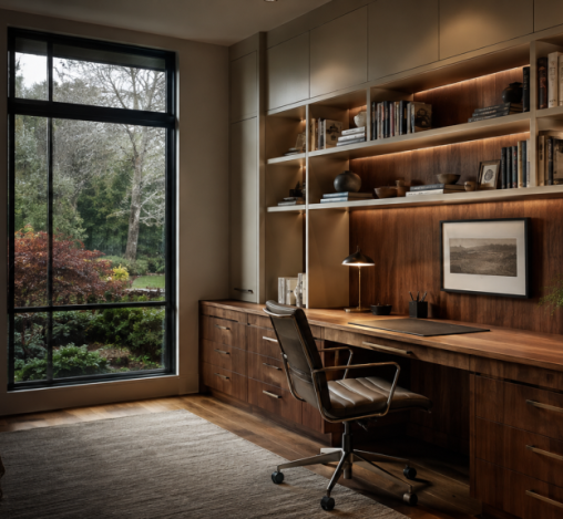 Custom home office with desk, cabinets and shelving