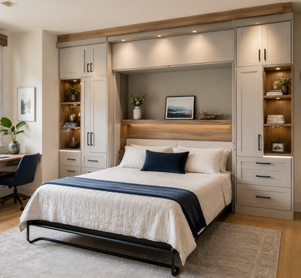 Custom Murphy bed with built-in cabinetry